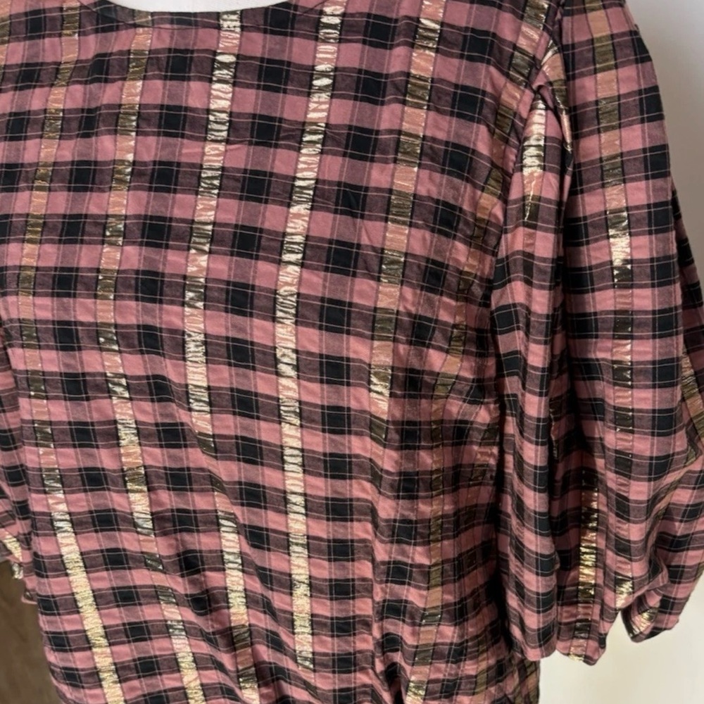 Vince Camuto Billow Sleeve Shimmering Plaid Puckered Top Waist Tie Large